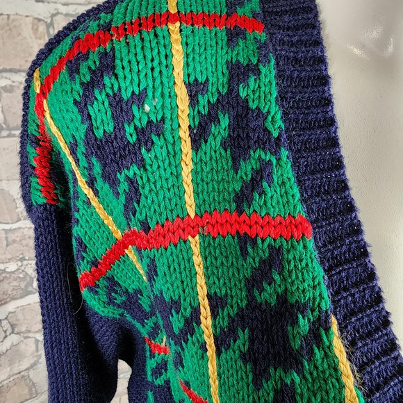 Vintage Chaus Embroidered Preppy  Cardigan Paisley Plaid Cotton Navy Size Large - Picture 6 of 14